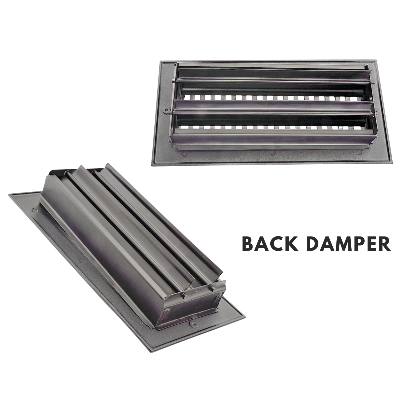 Two metal back dampers on a white background with 'BACK DAMPER' text.