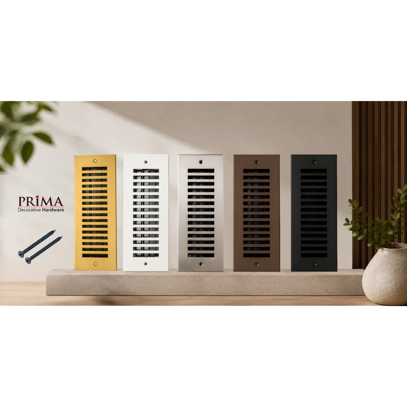 Set of decorative shutters in various colors on a wooden surface with 'Prima' branding.