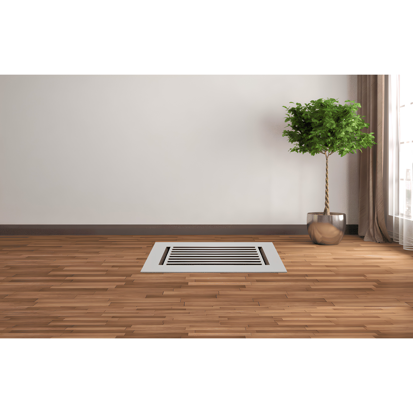 Floor vent on a wooden floor with a plant in the corner