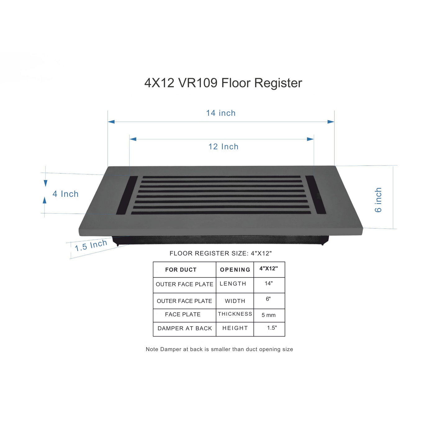 4x12 VR109 floor register with dimensions and specifications on a white background
