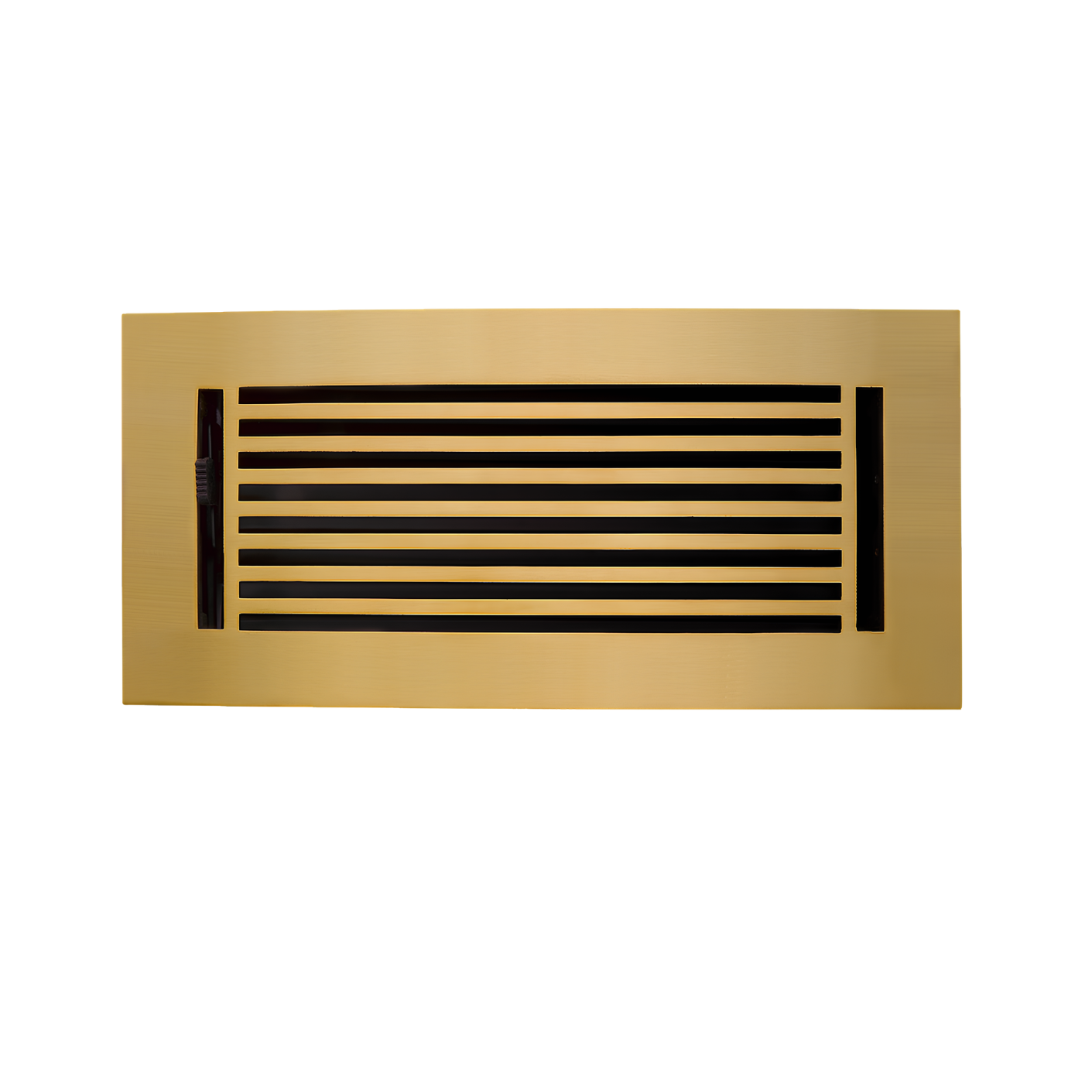 Gold rectangular air vent with black slats on a white background