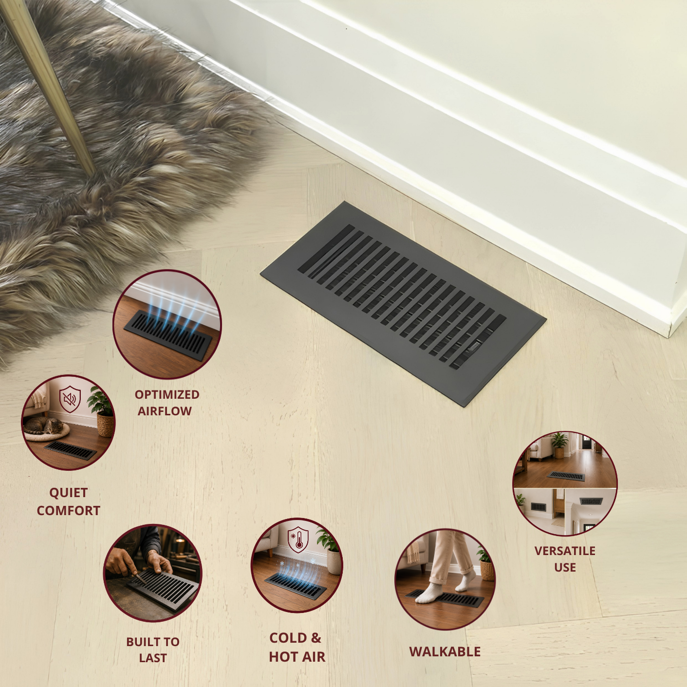 Floor vent on a wooden floor with features highlighted in circular icons.
