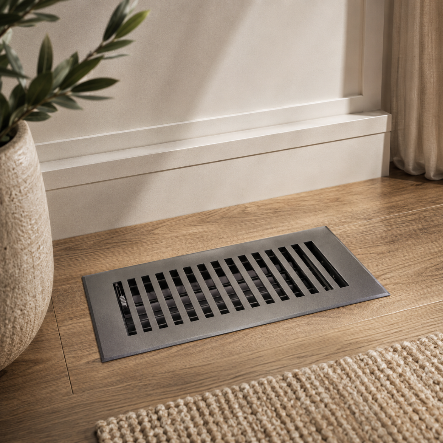 Floor vent on a wooden floor with a plant and rug in the background