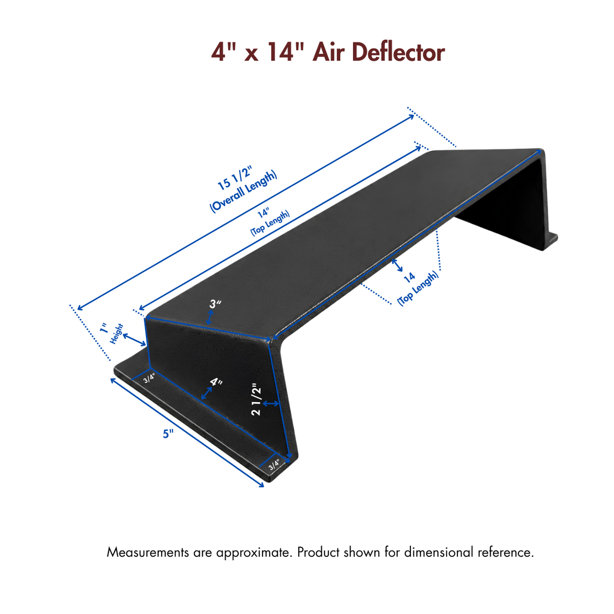 A matte black deflector shown on a white background with blue dimension lines and text indicating measurements
