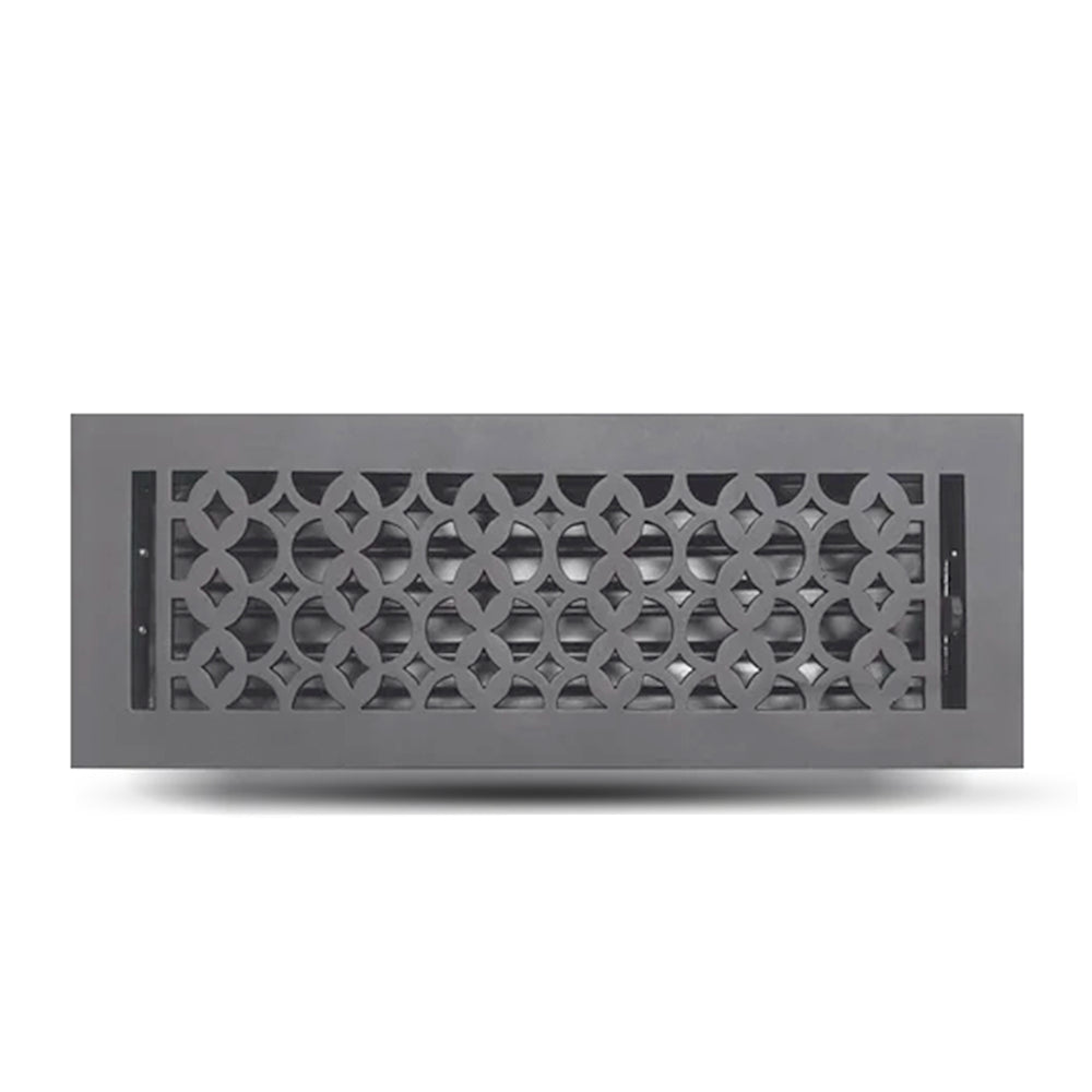 Floor Vent Cover / Register Size: 4” x 14” VR100 with Damper top faceplate outer size 5-1/2″ x 15-1/2″, thickness 5 mm, decorative handcrafted high-quality metal – cast aluminum powder coated Re-paintable for floors, walls, and ceilings