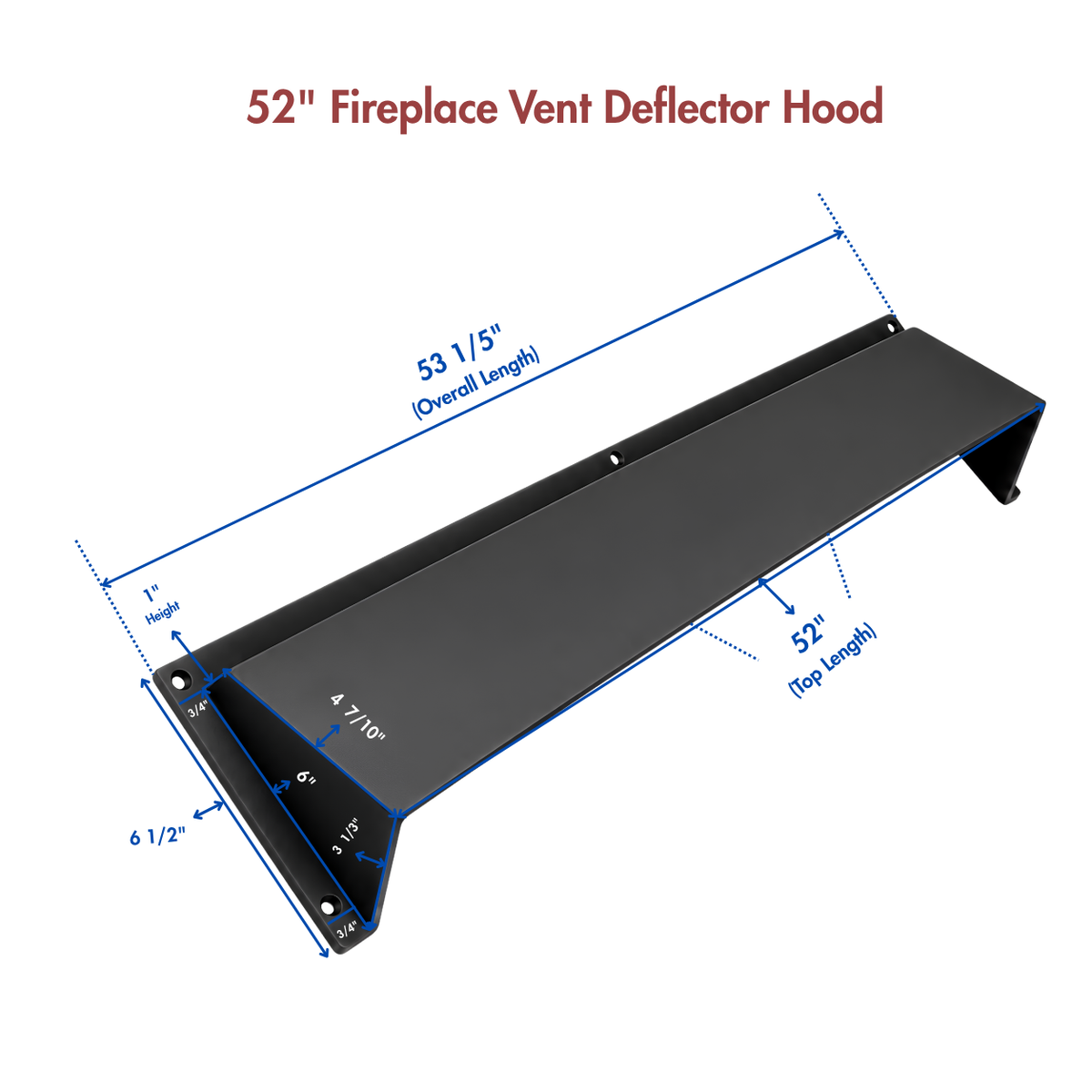 52" black cast aluminum air vent deflector with product dimensions and measurements
