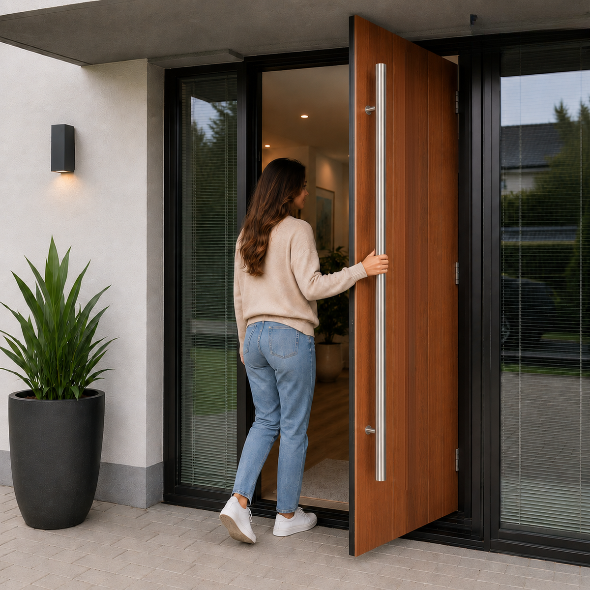 A woman holding the round door pull handle going inside
