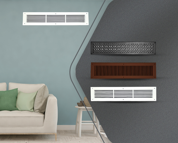 A living room with a white sofa and green pillows is shown on the left, while three different styles of wall air vents—black, brown, and white—are displayed on a gray background to the right.