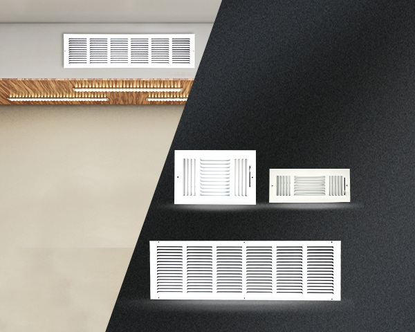 A split-screen image showing different white air vents and grilles; the left side features a vent installed in a modern ceiling, and the right side displays three types of vents against a dark background.