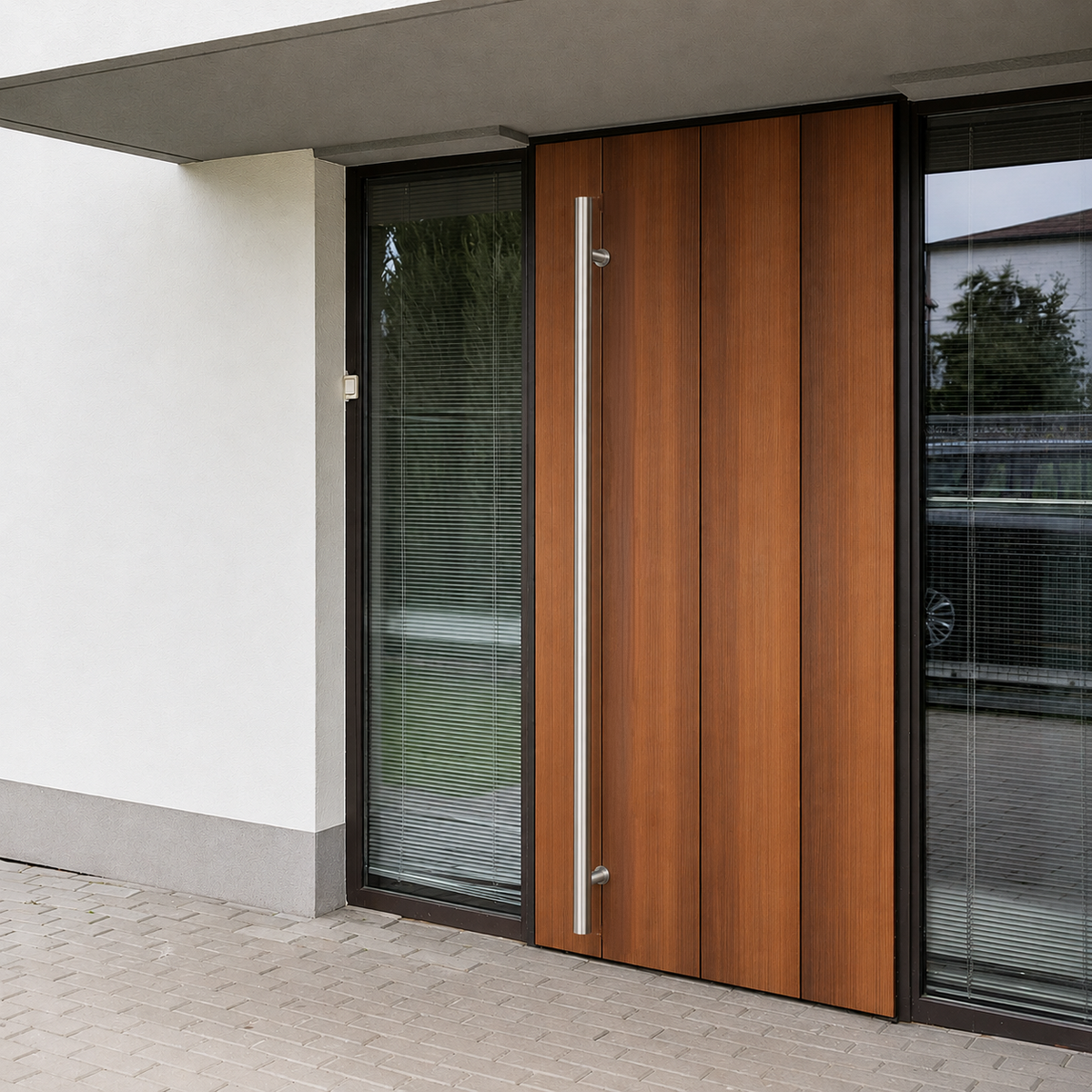 A satin round door handle installed in a brown door
