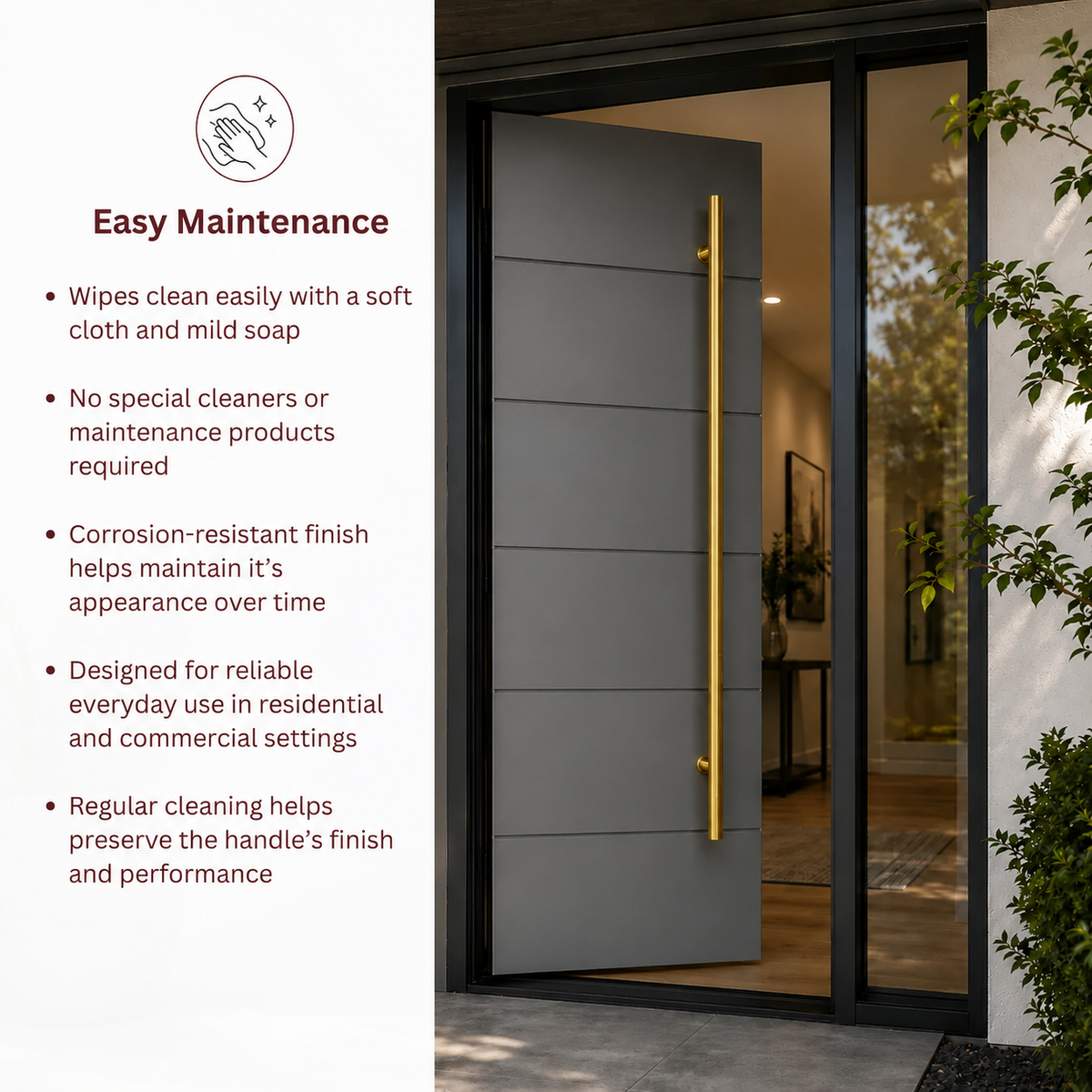 A modern gold entry door setting with a text overlay on the left detailing easy maintenance benefits.

