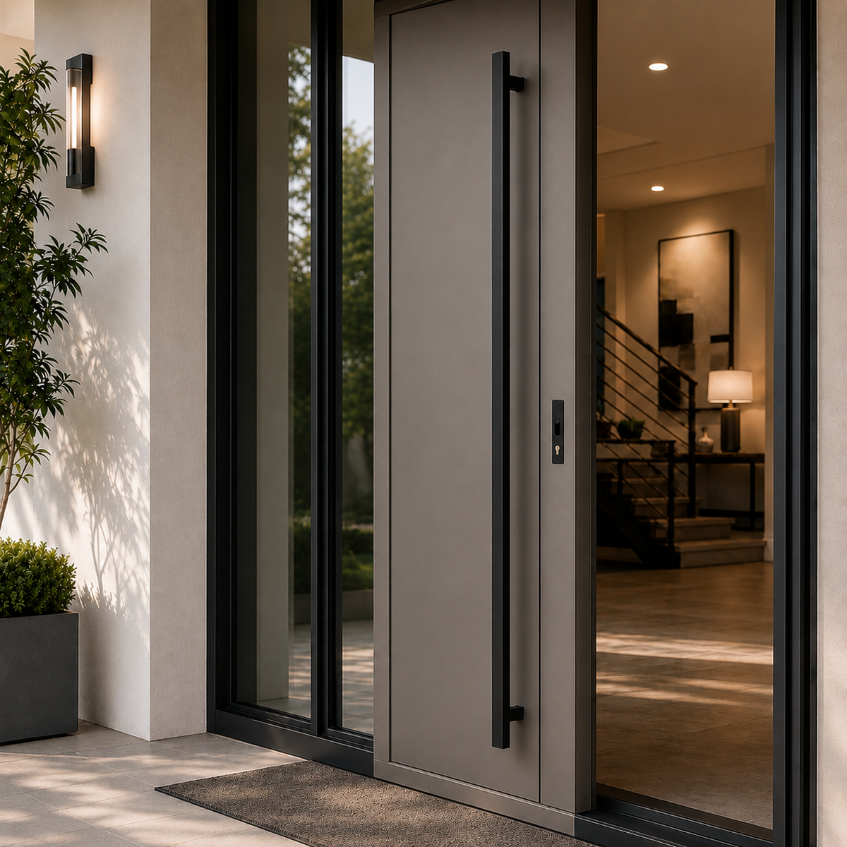 A black rectangle door handle installed in a brown door
