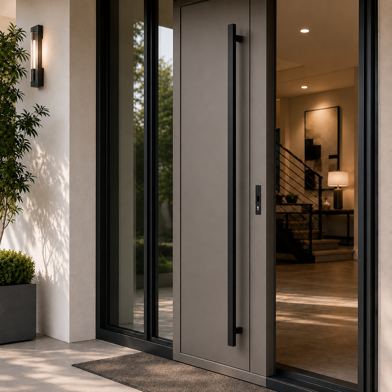 A black rectangle door handle installed in a brown door
