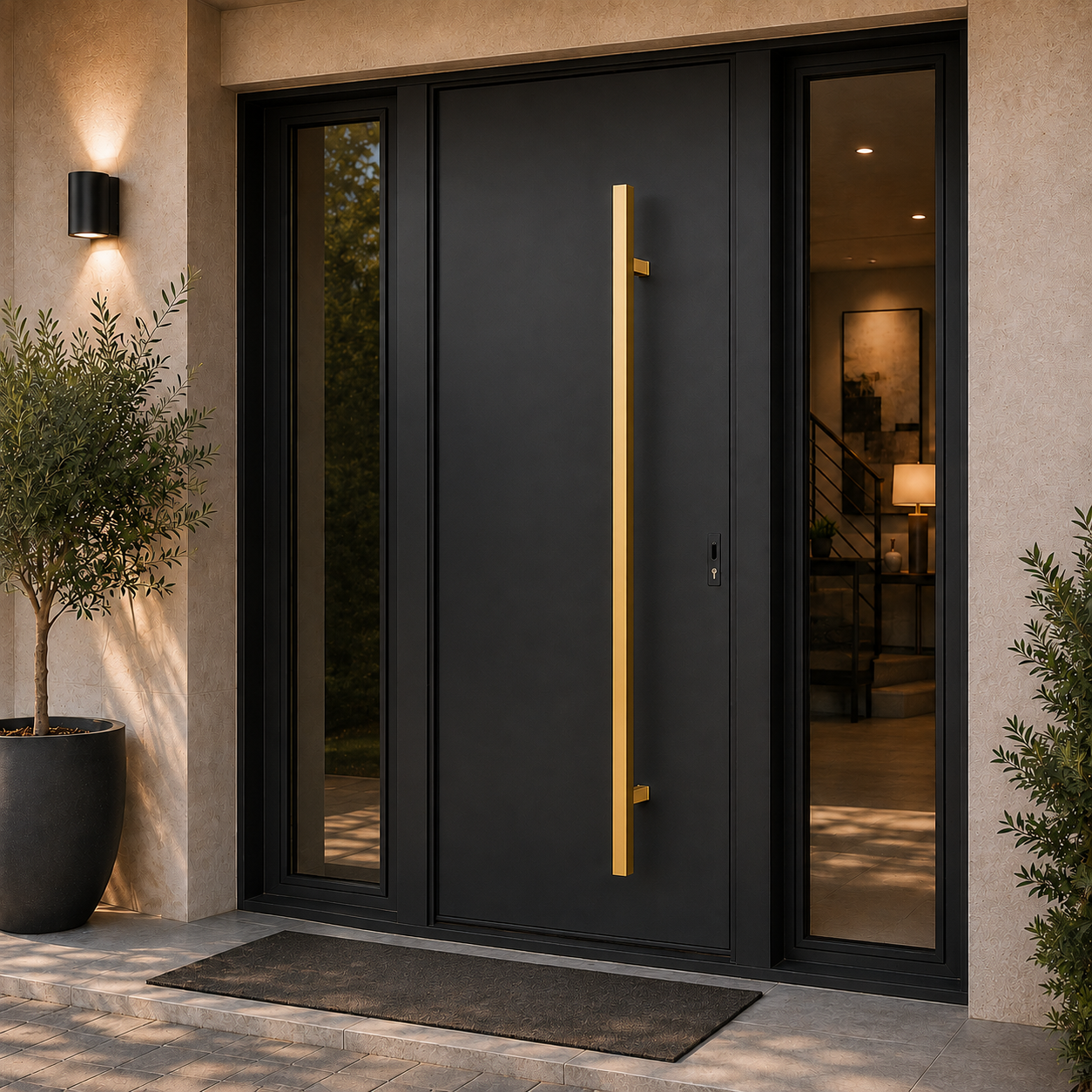 A gold rectangle door handle installed in a black door
