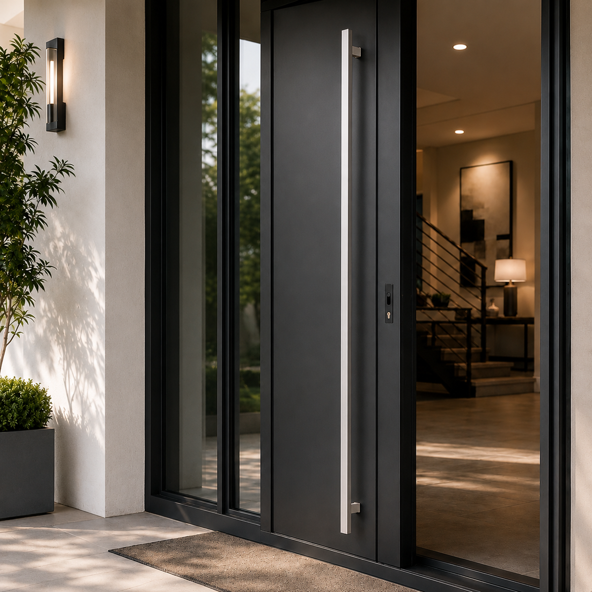 A satin rectangle door handle installed in a black door
