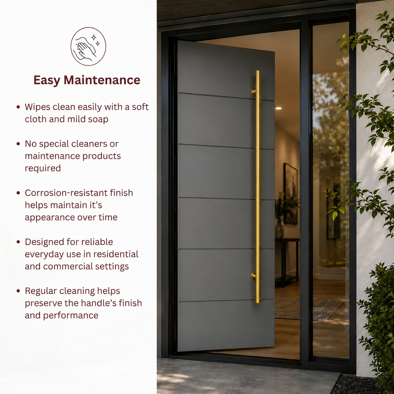  A modern gold entry door setting with a text overlay on the left detailing easy maintenance benefits.
