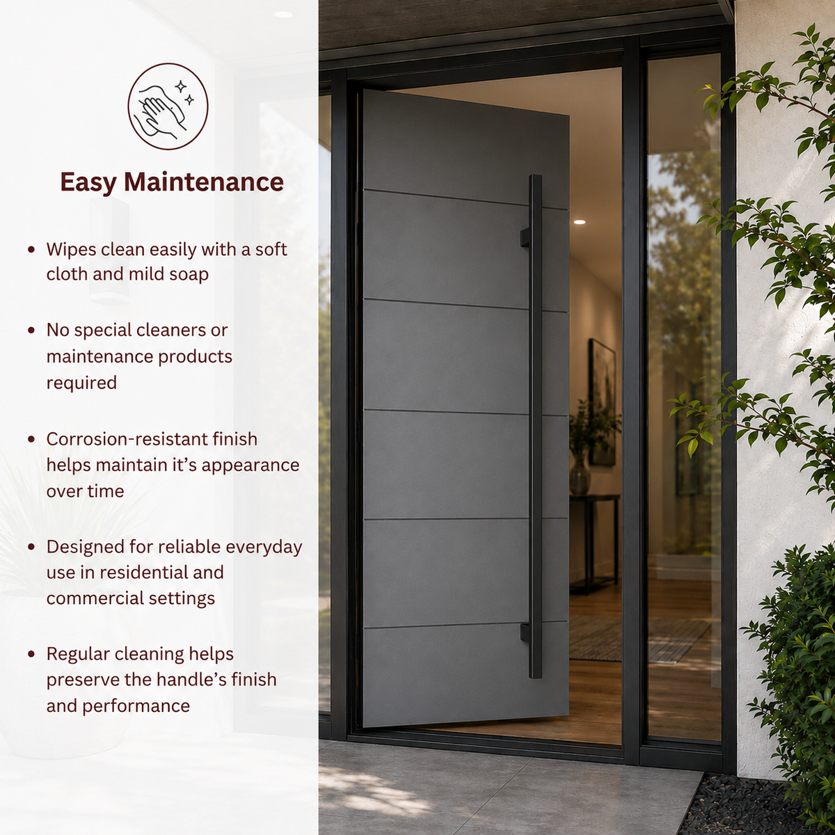 A modern black entry door setting with a text overlay on the left detailing easy maintenance benefits.

