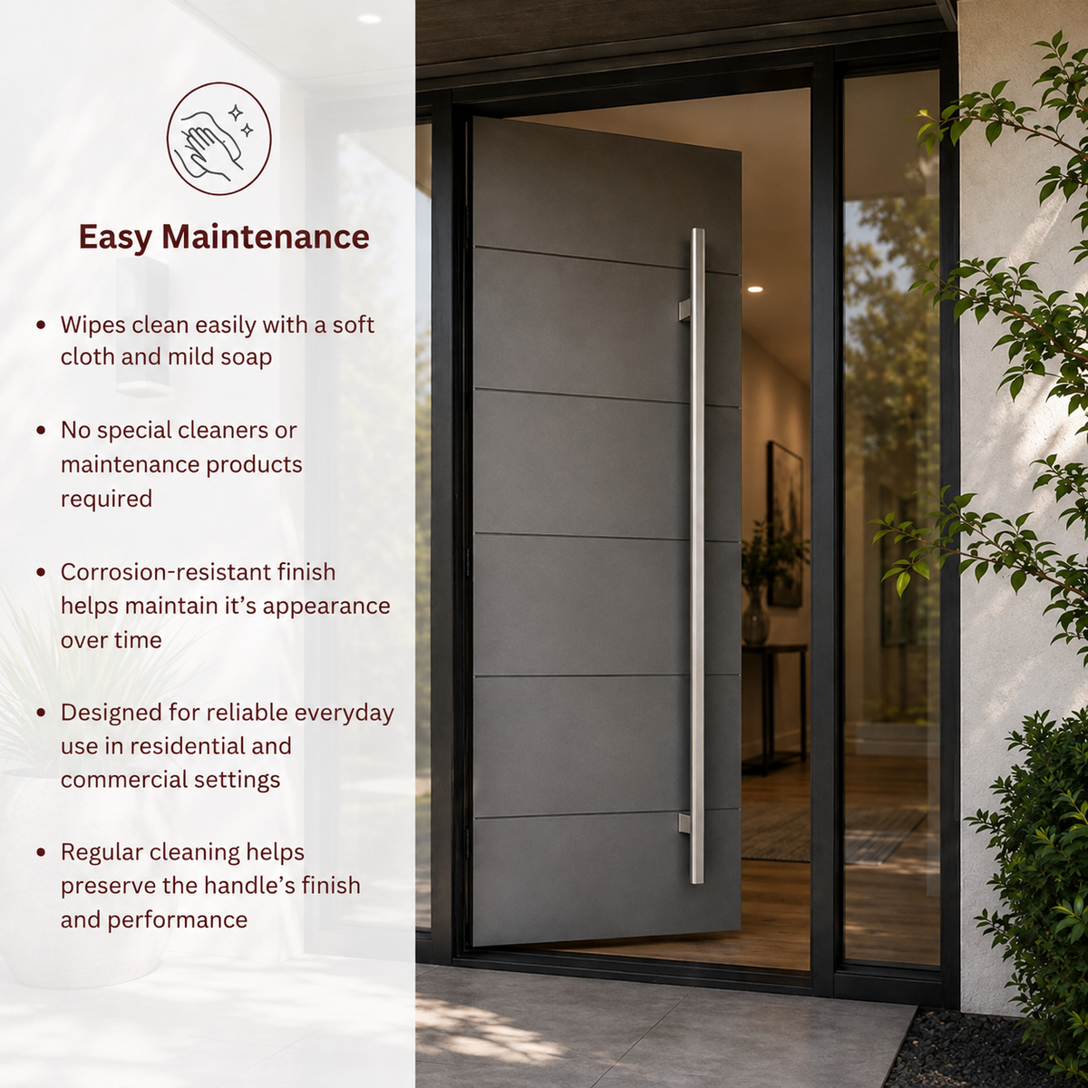 A modern gray exterior door with a slim vertical handle, shown in a real entryway setting with a glass side panel 
