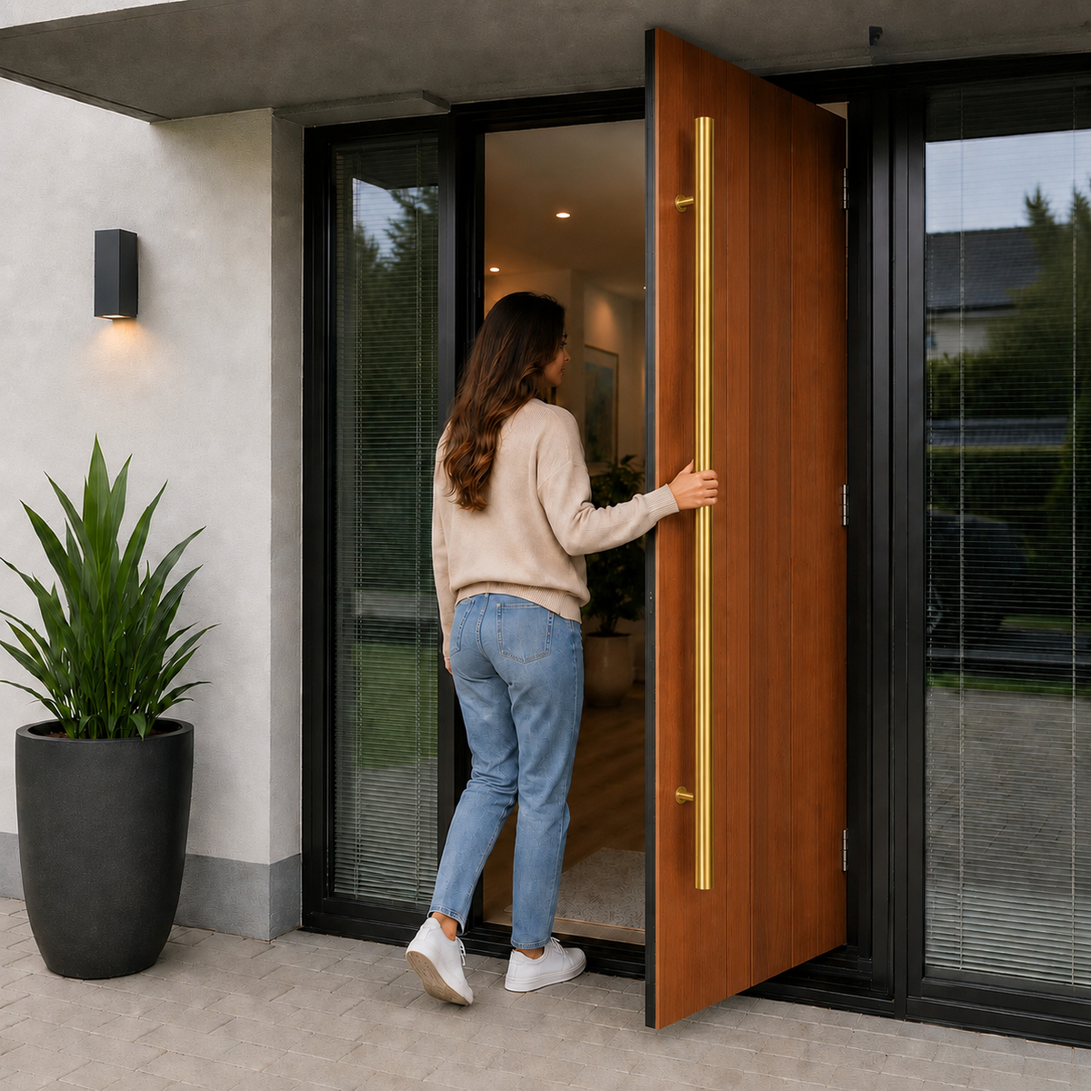 A woman holding the round door pull handle going inside
