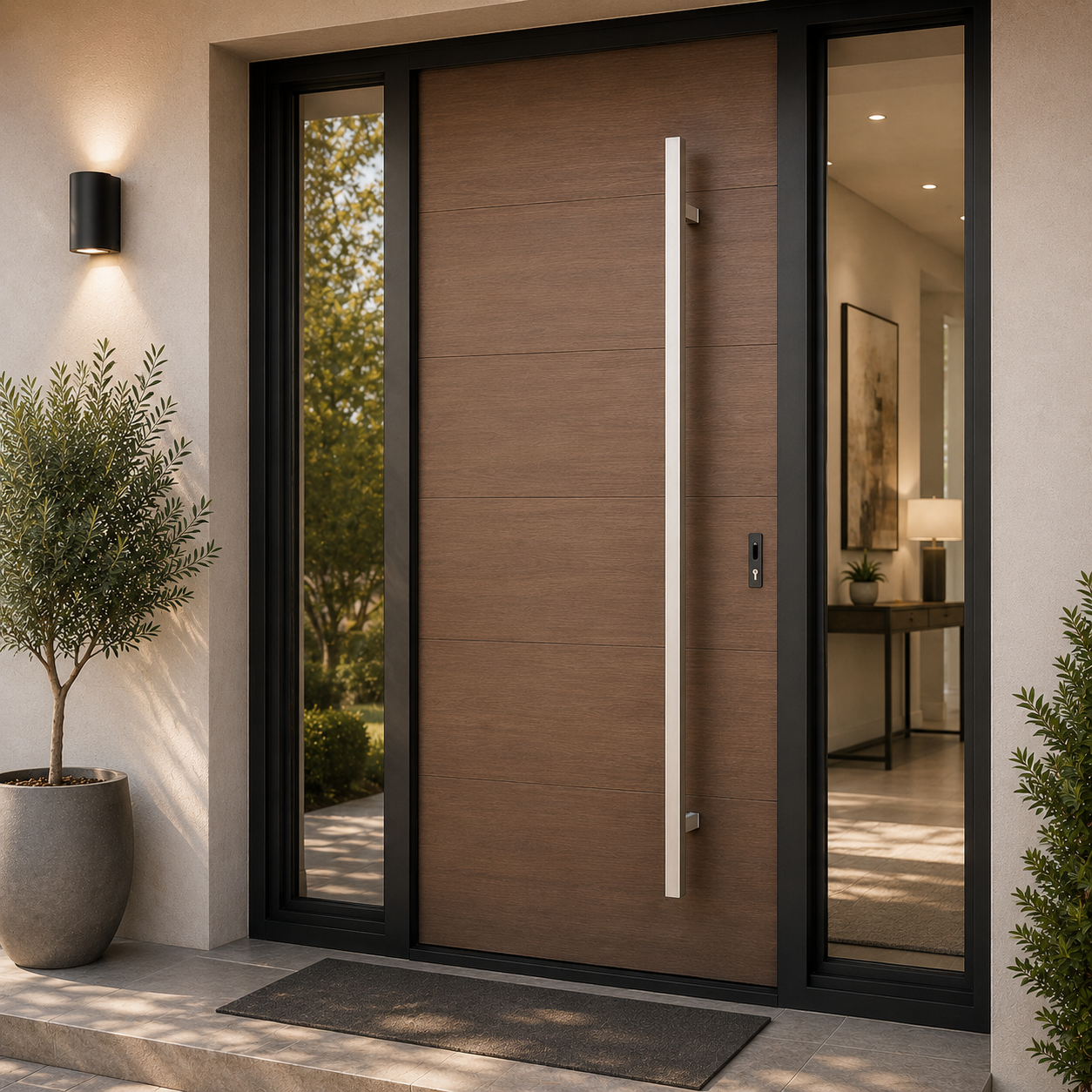 A satin square door handle installed in a brown door
