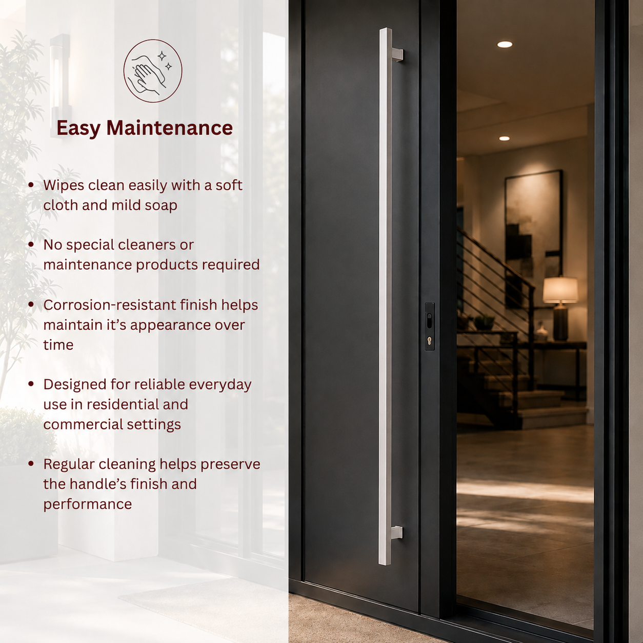 A modern black exterior door with a slim vertical handle, shown in a real entryway setting with a glass side panel 
