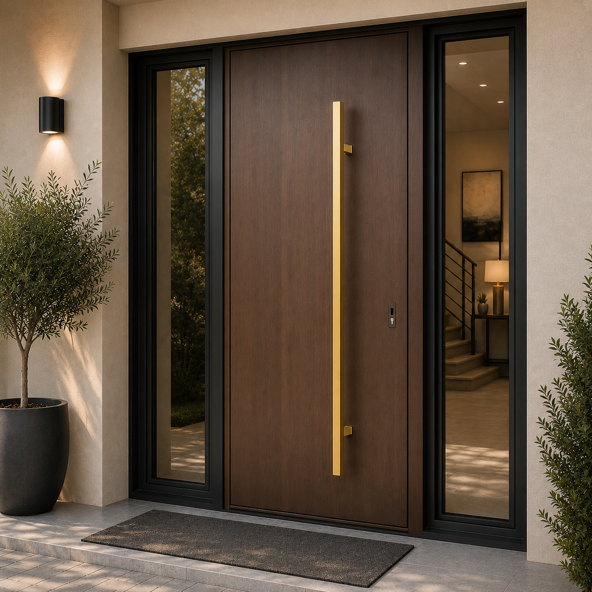 A gold rectangle door handle installed in a brown door
