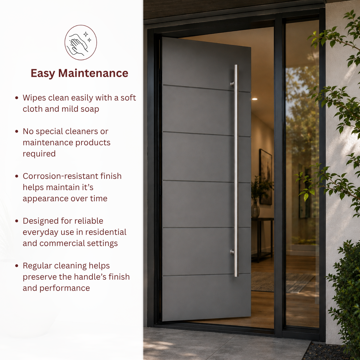 A modern gray exterior door with a slim vertical handle, shown in a real entryway setting with a glass side panel 

