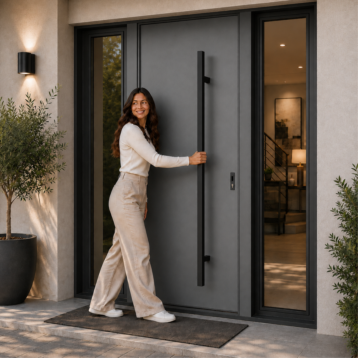 A woman holding the round door pull handle going inside