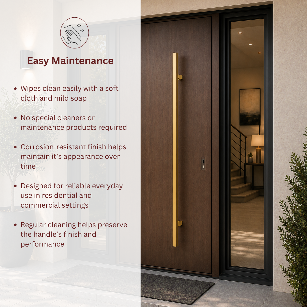 A modern brown exterior door with a slim vertical handle, shown in a real entryway setting with a glass side panel 
