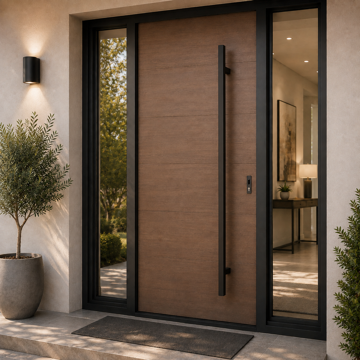 A close-up square  door pull handle black finish 
