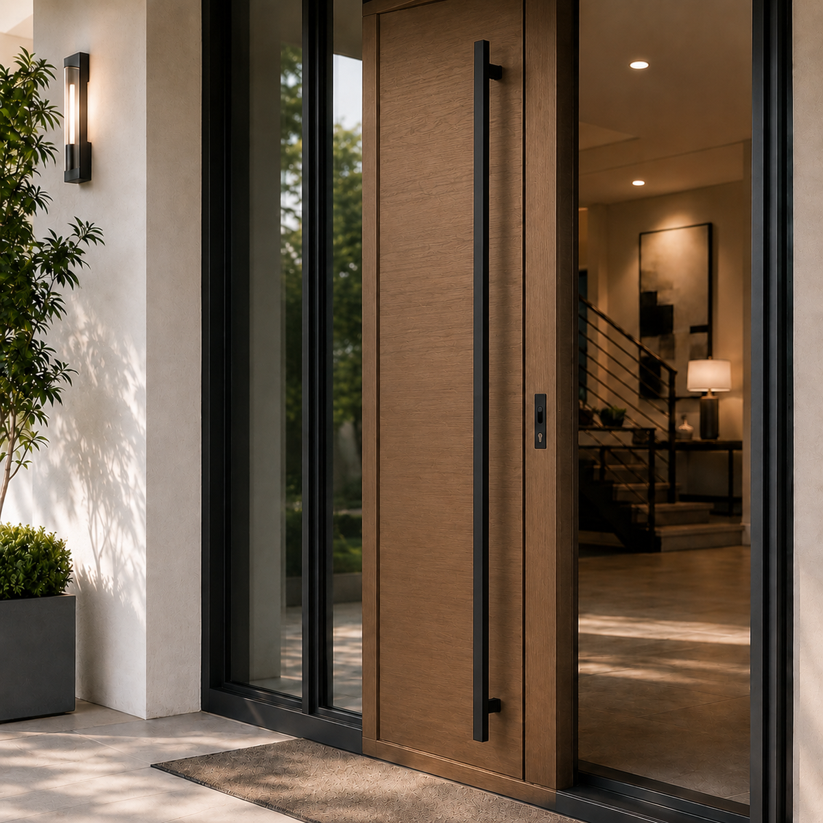A black rectangle door handle installed in a brown door
