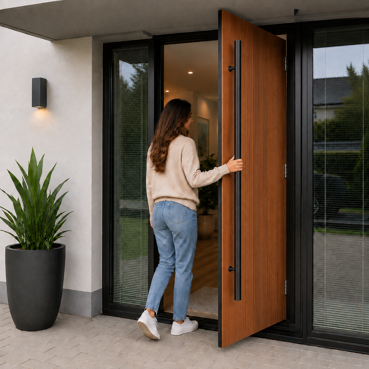 A woman holding the round door pull handle going inside
