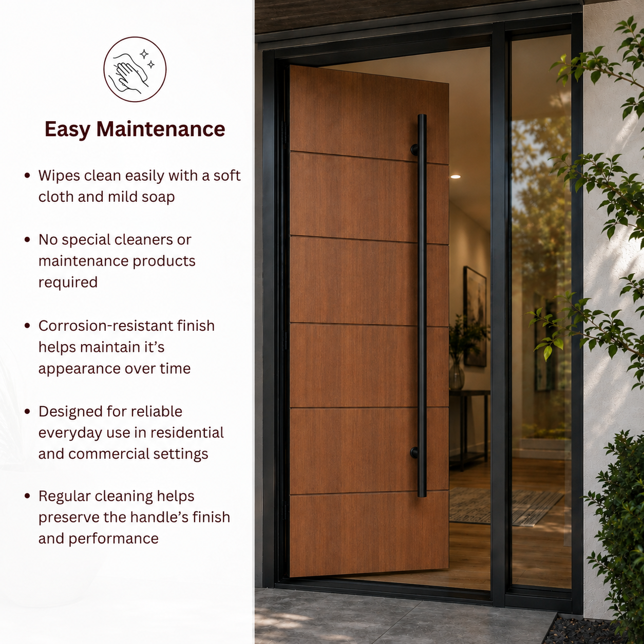 A modern black entry door setting with a text overlay on the left detailing easy maintenance benefits.
