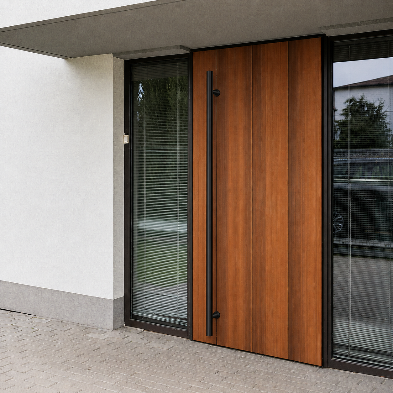 A black round door handle installed in a brown door
