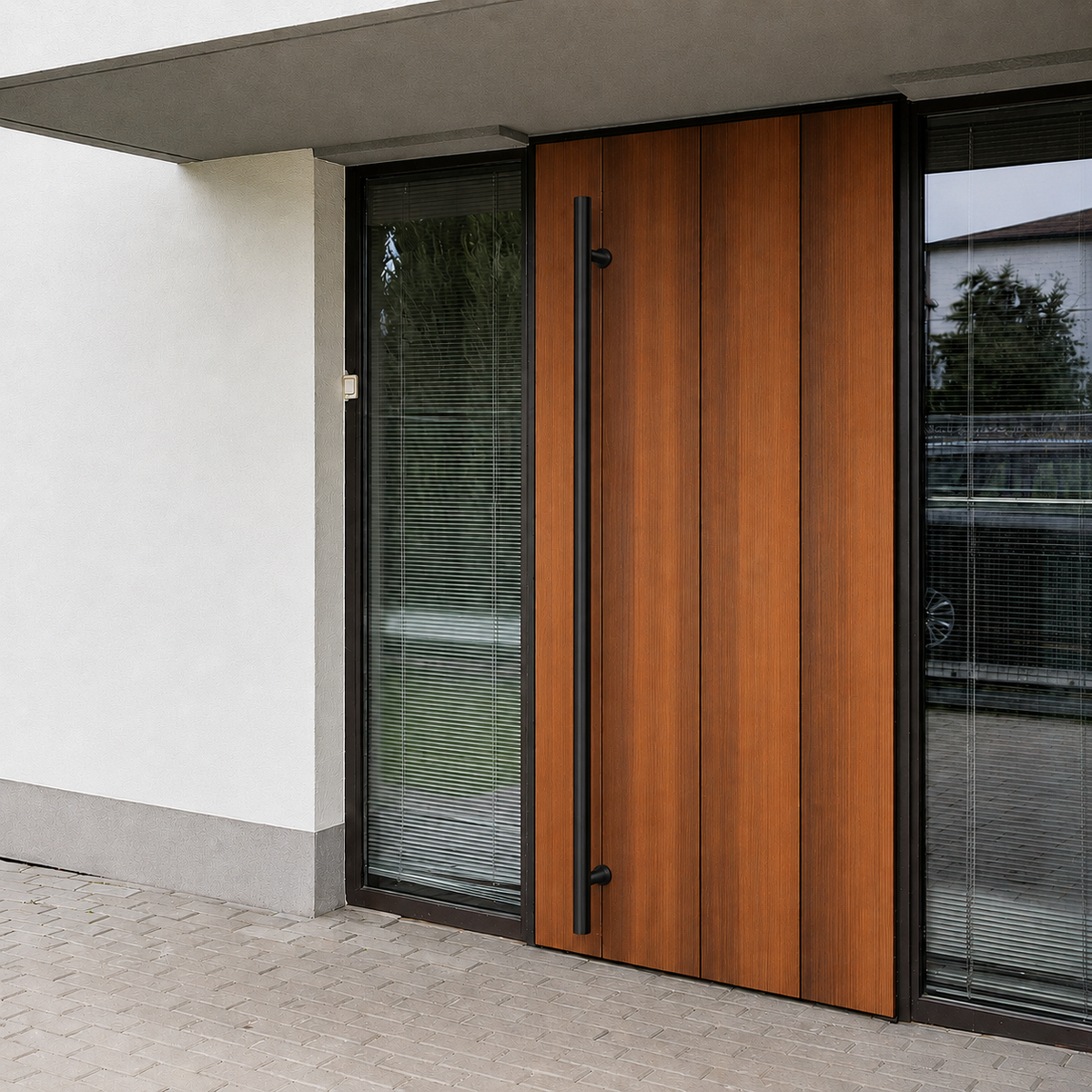 A black round door handle installed in a brown door
