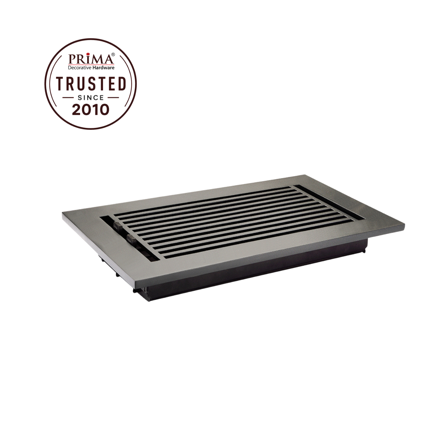 Stainless steel floor vent with Prima Trusted since 2010 logo on a white background