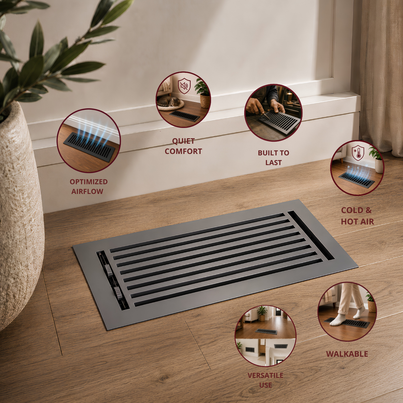 Ventilation grille on a wooden floor with features highlighted in circular insets.