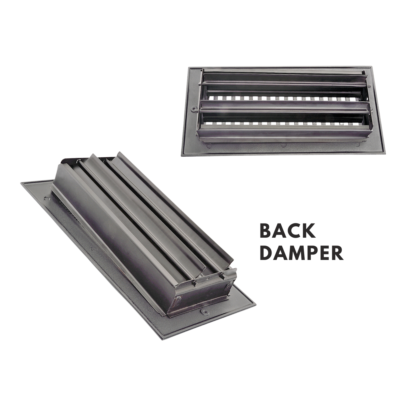Two metal back dampers on a white background with 'BACK DAMPER' text.