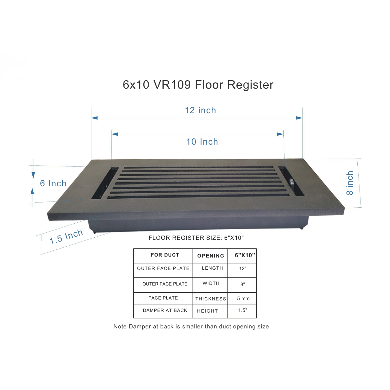 6x10 VR109 Floor Register with dimensions and specifications on a white background
