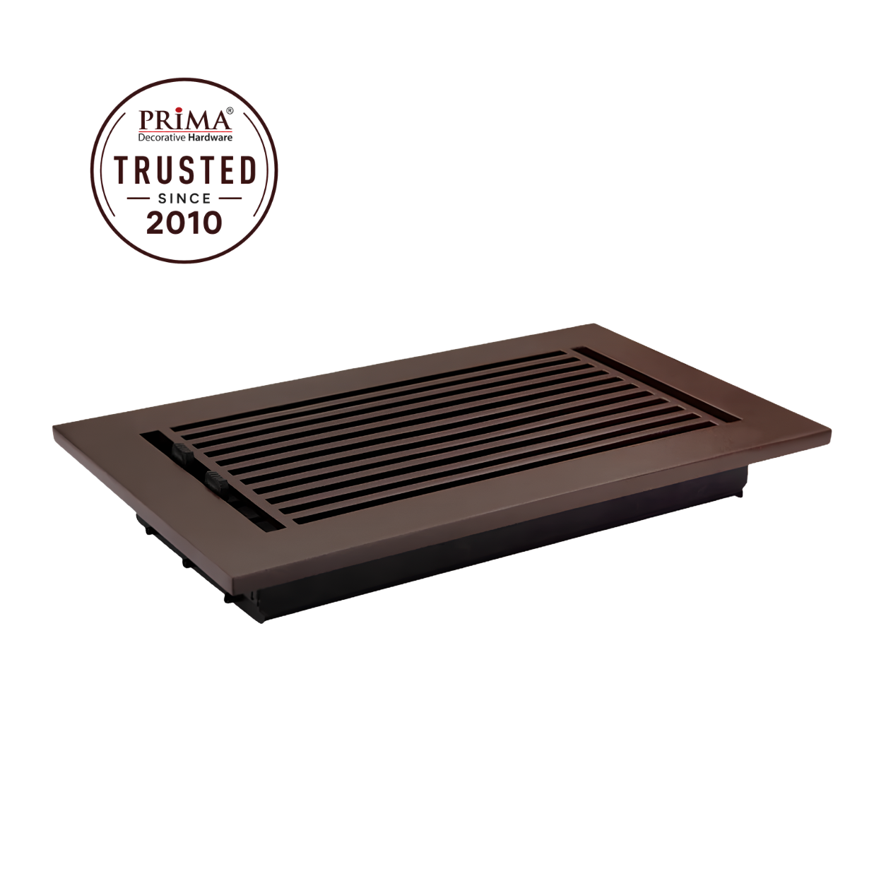 Brown floor register with Prima Trusted since 2010 logo on a white background