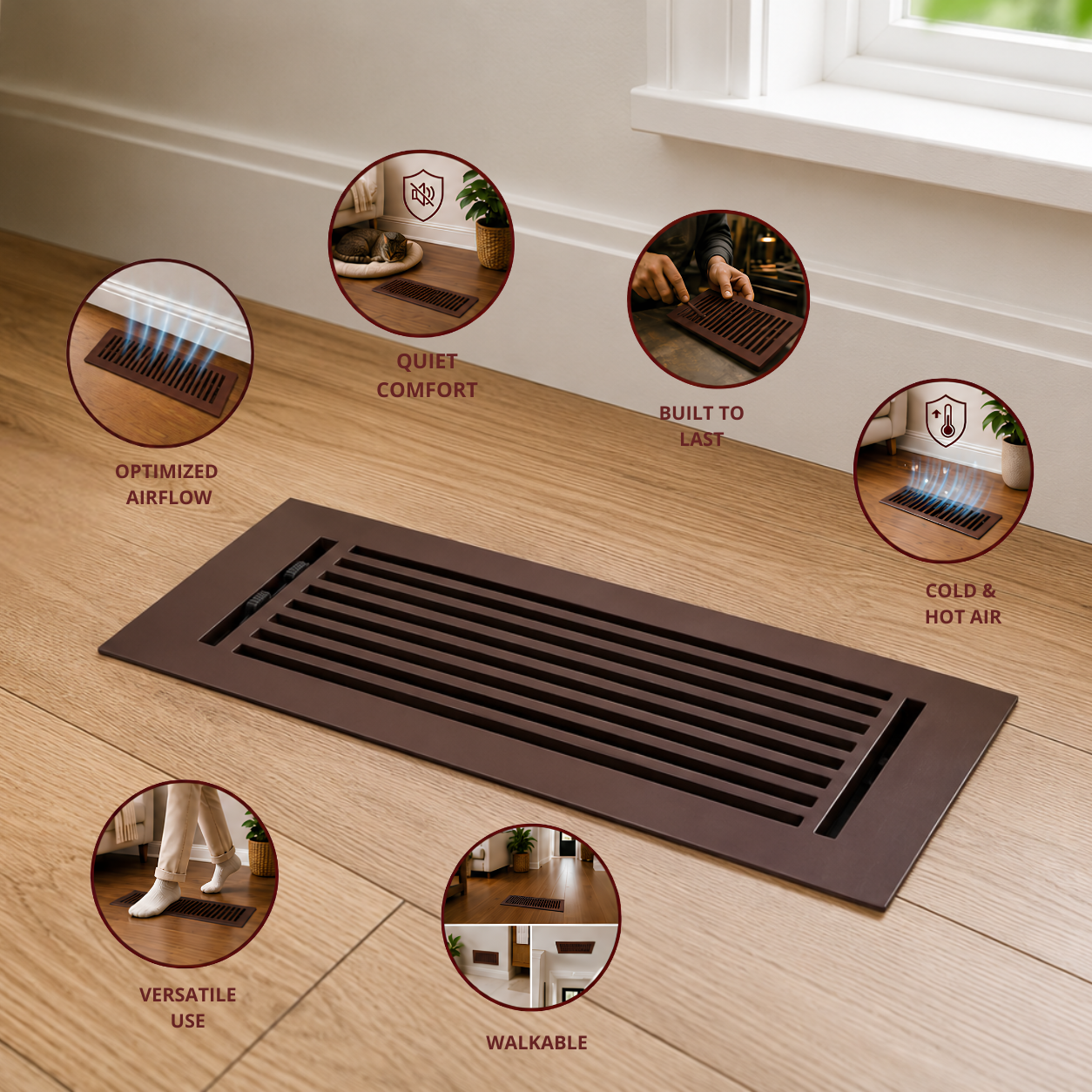Brown floor vent on a wooden floor with circular icons and text describing features.