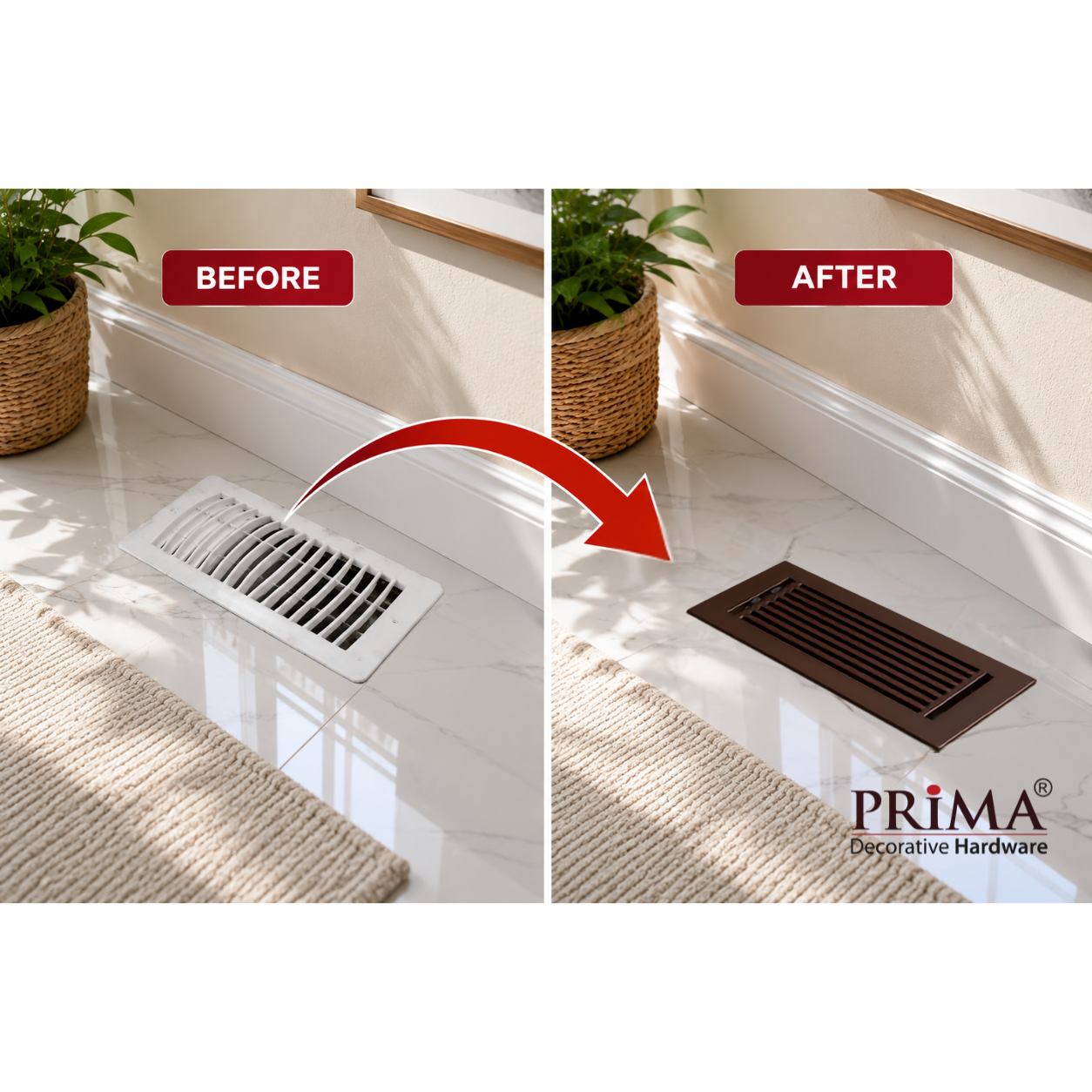 Before and after comparison of a floor vent cover with Prima decorative hardware branding.