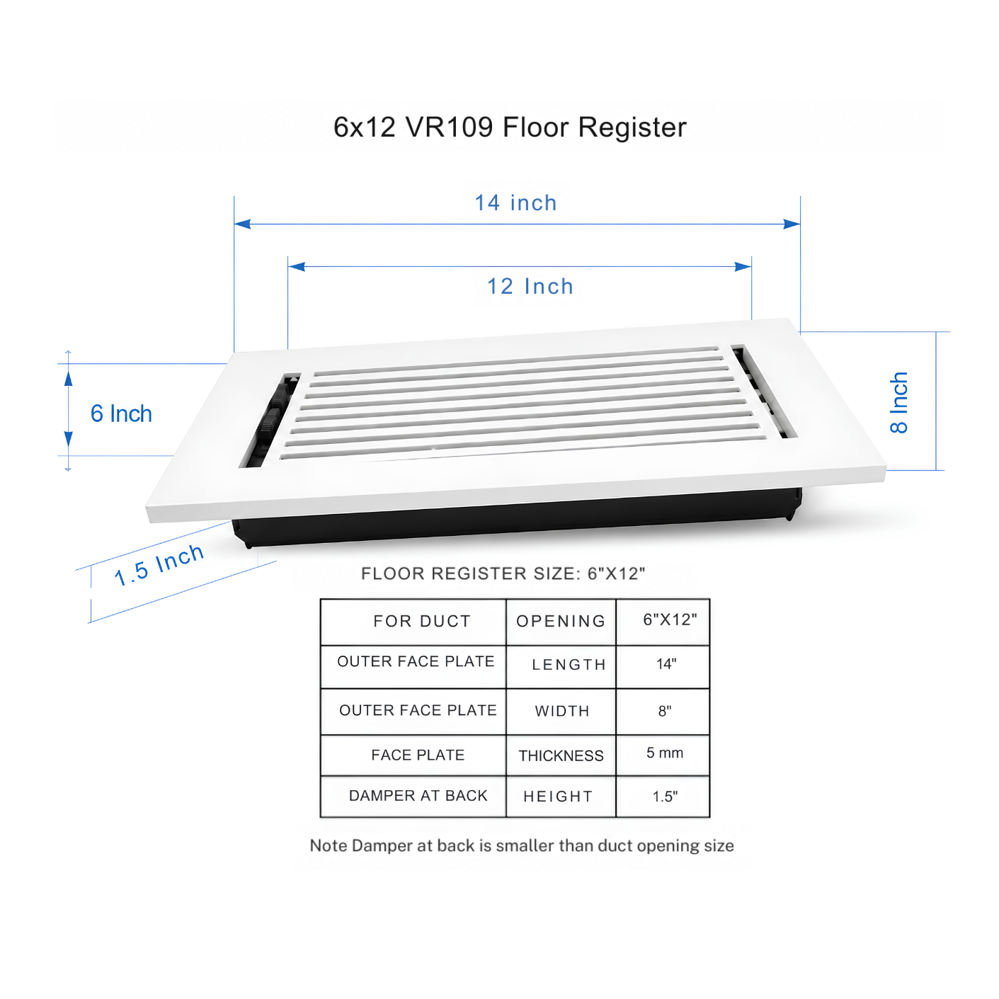 A white 6x12 VR109 floor register shown with dimension callouts and a size specification table below on a white background.