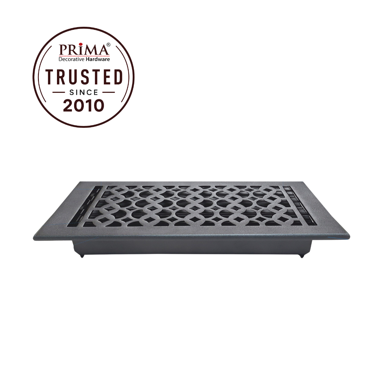 Black floor register with trust badge 
