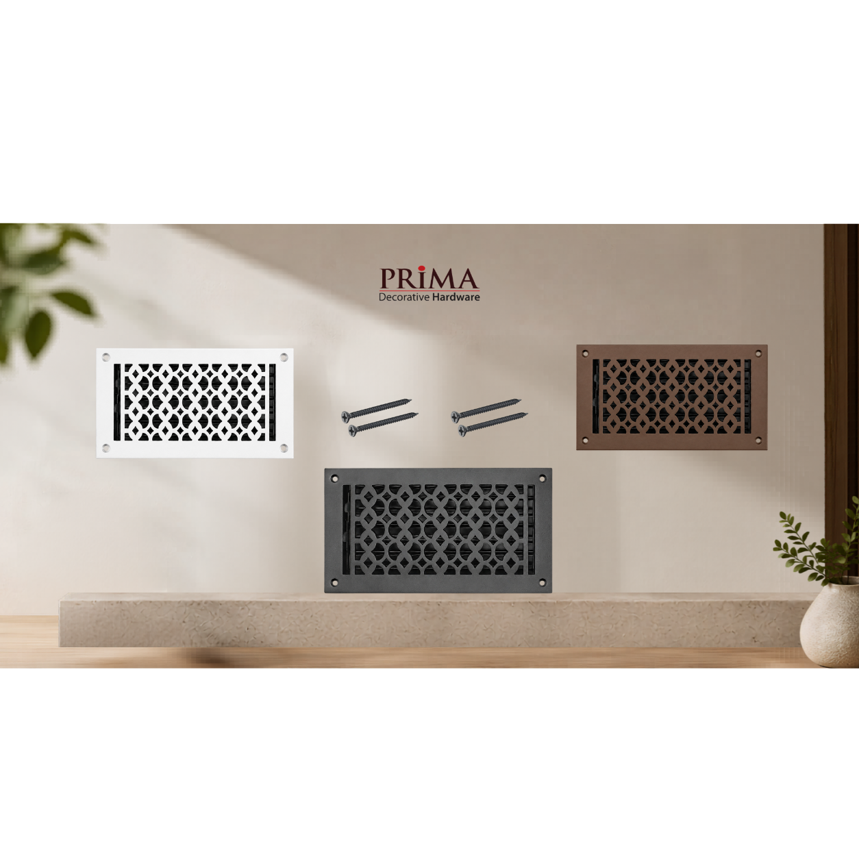 Combination of floor register with holes and screws
