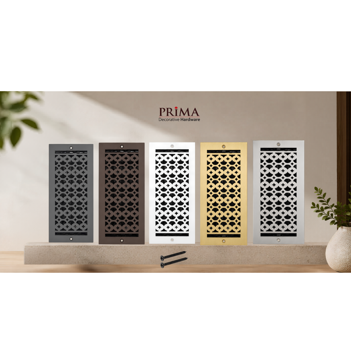 Five decorative metal vent grilles in different colors (gray, black, white, gold, silver) are displayed on a shelf.