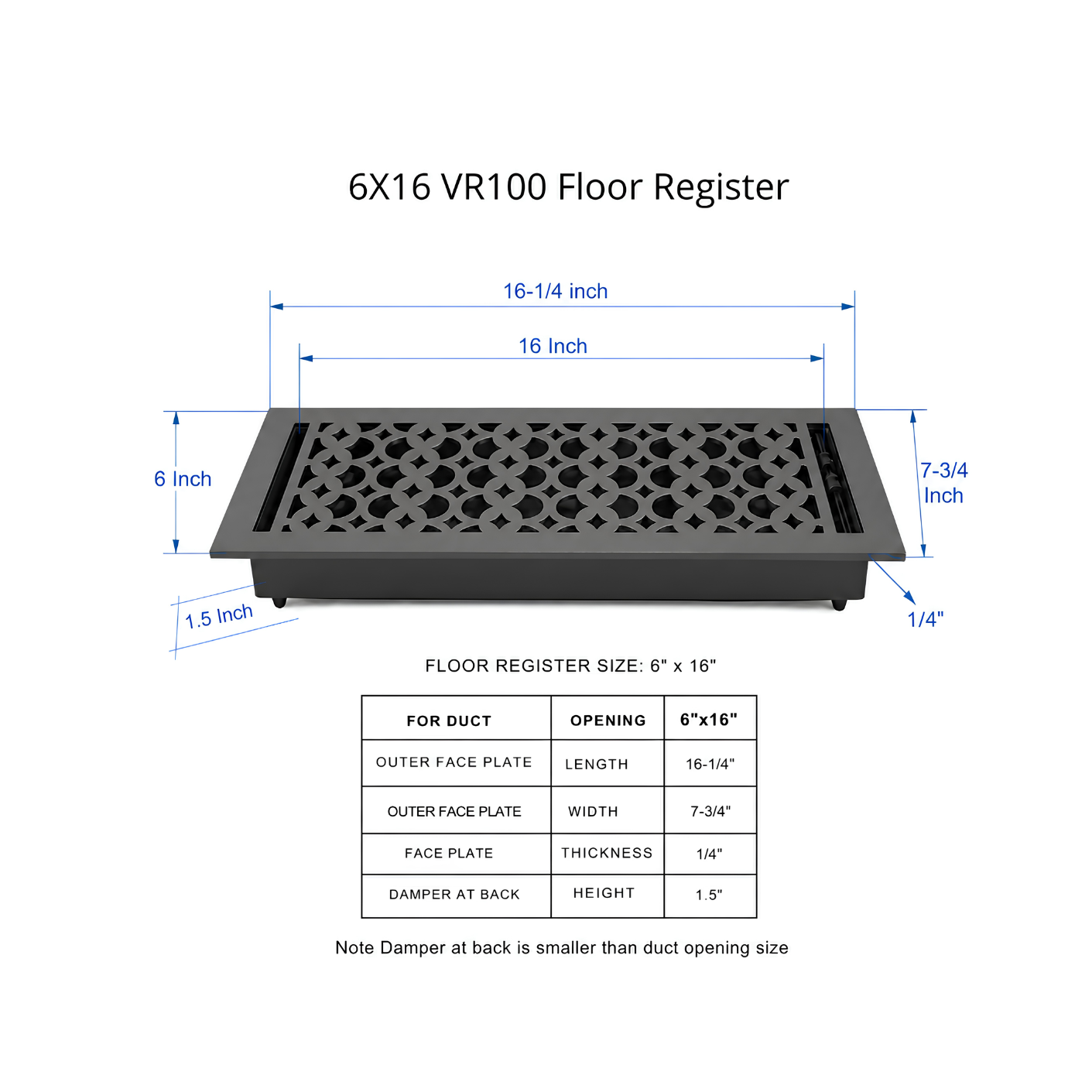 Dimension size guide of a 6x16 VR100 floor register with labeled measurements.