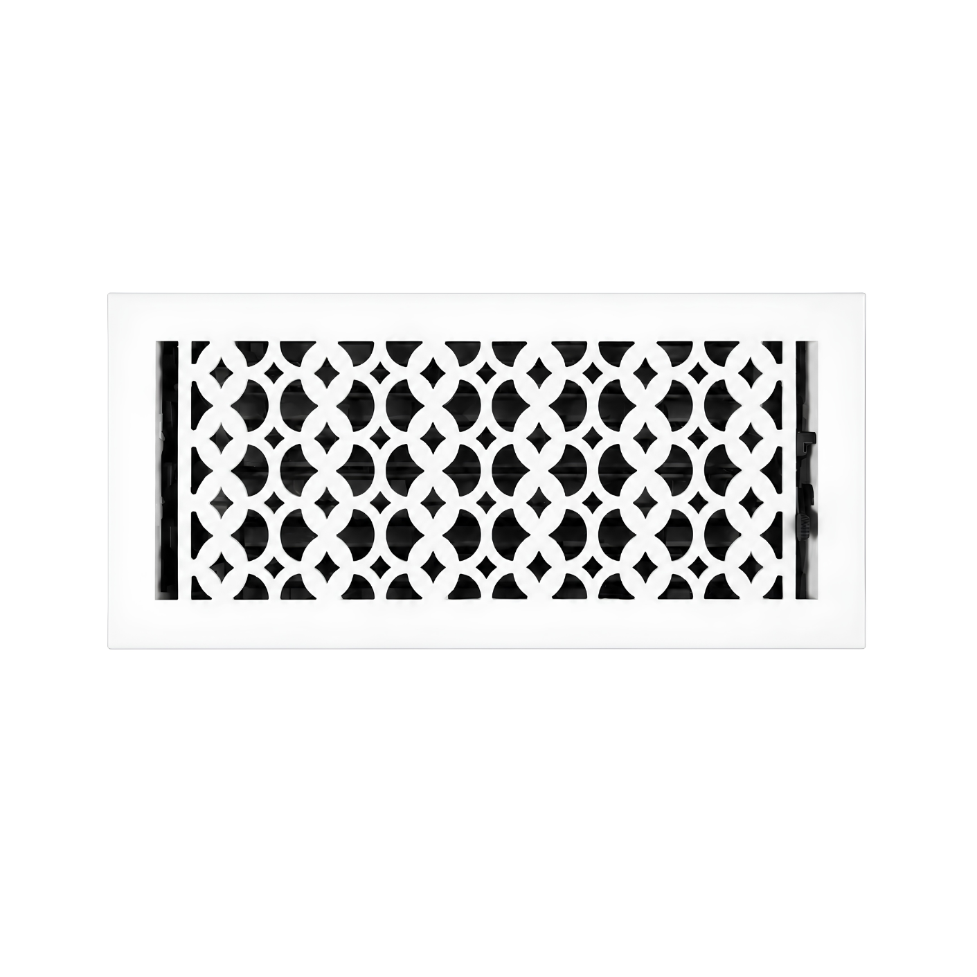 A rectangular white decorative vent cover with a black geometric lattice pattern, shown against a plain white background.