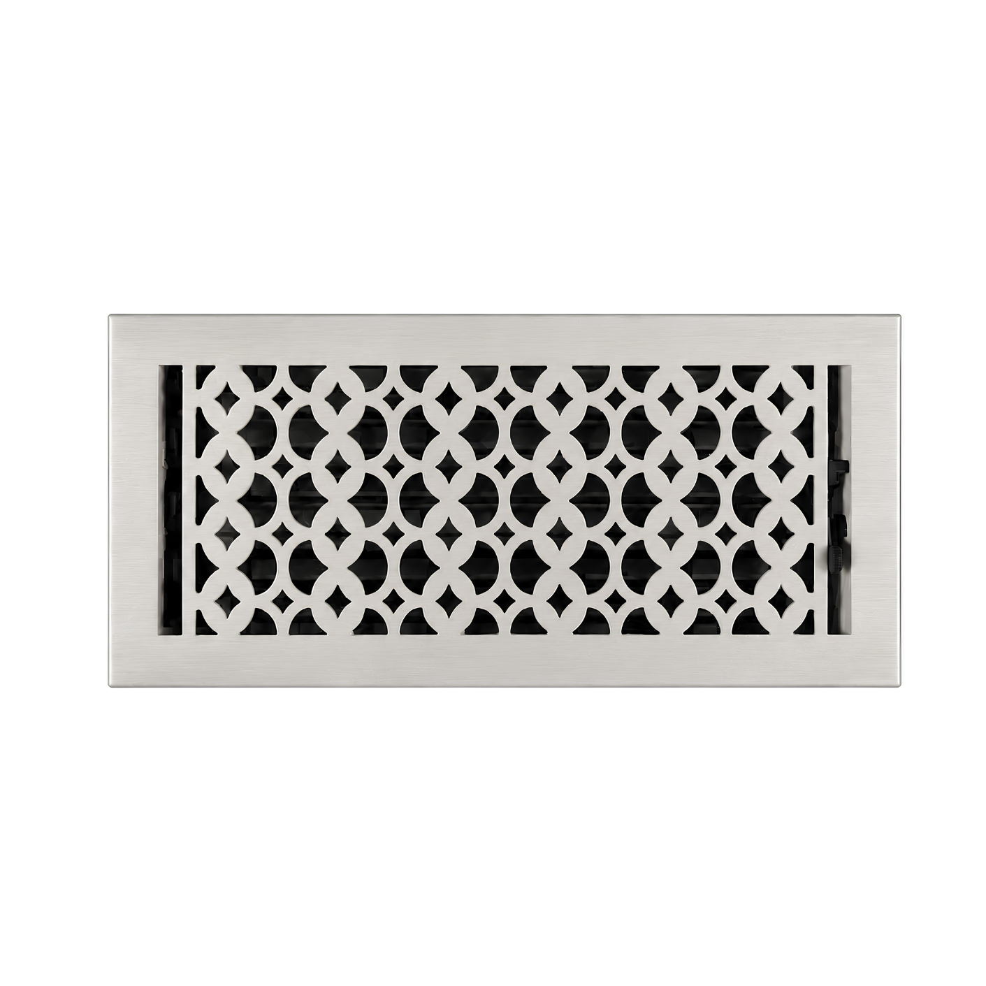 A satin nickel floor register with a decorative geometric pattern, shown against a plain white background.