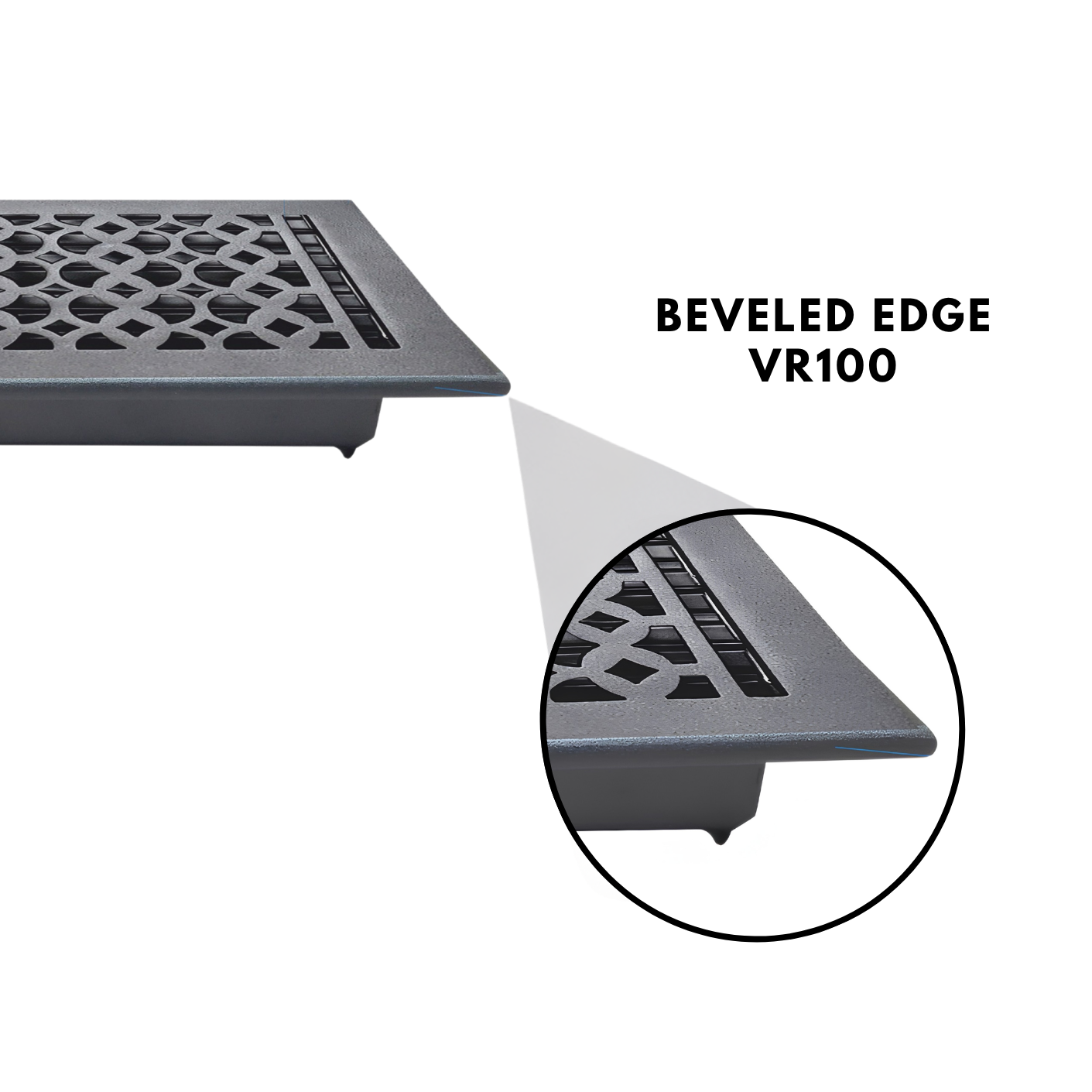 A close-up of a dark gray square vent or grille with a circular inset showing the beveled edge detail.